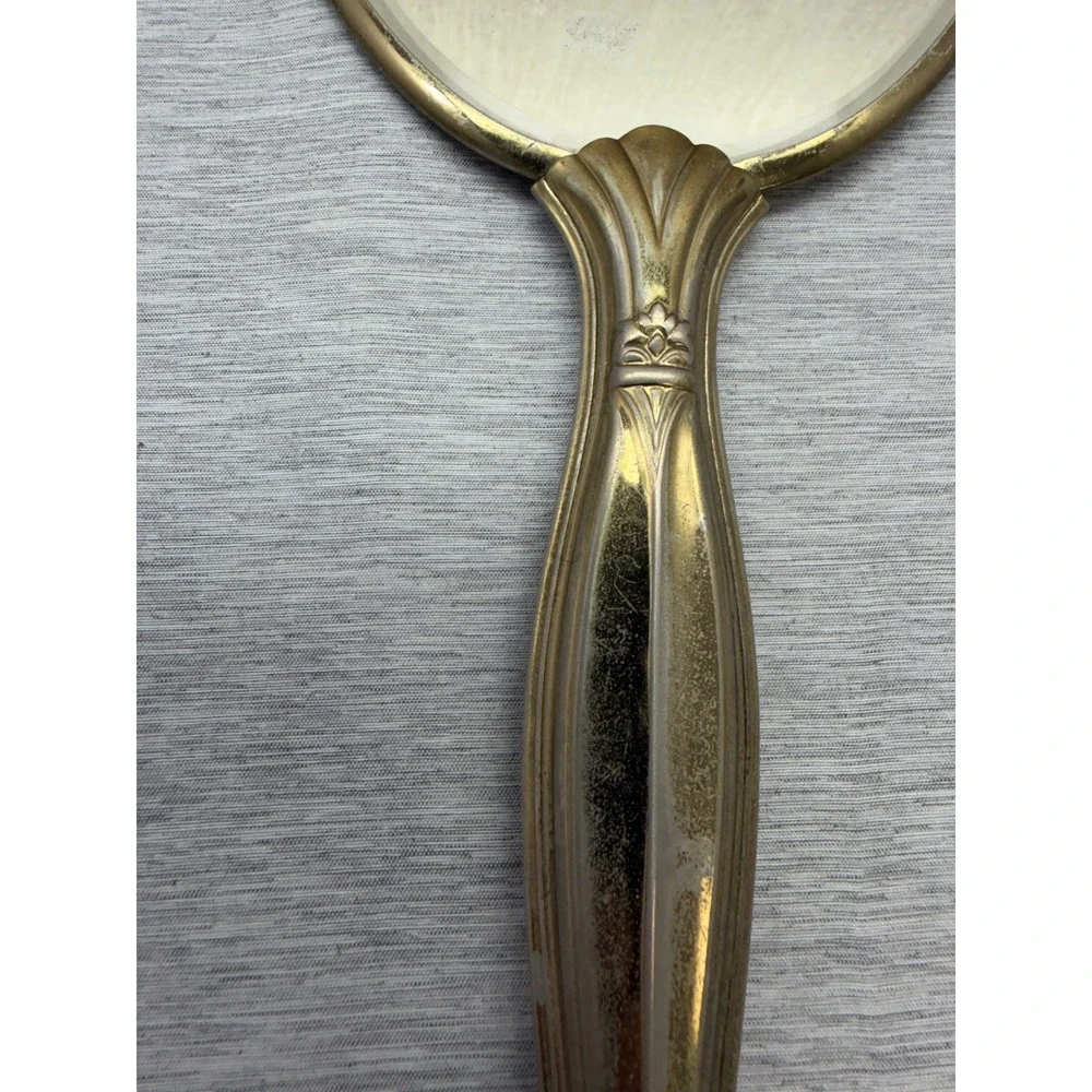 Vintage Gold Tone Hand Mirror Art Deco Floral Lace Inlay Shield Shape 12.5 Inch